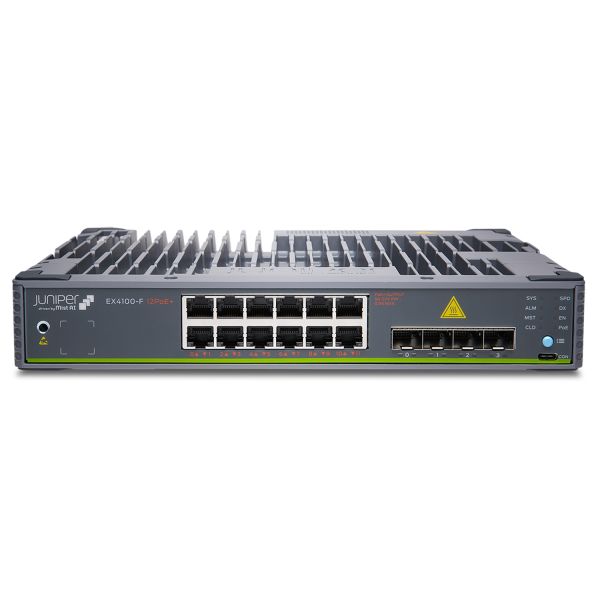 Juniper 12-port 10/100/1000BASE-T PoE+ switch, 2x100MB to 10GBe uplinks, 4x10GbE stacking/uplink ports (EX4100-F-12P)