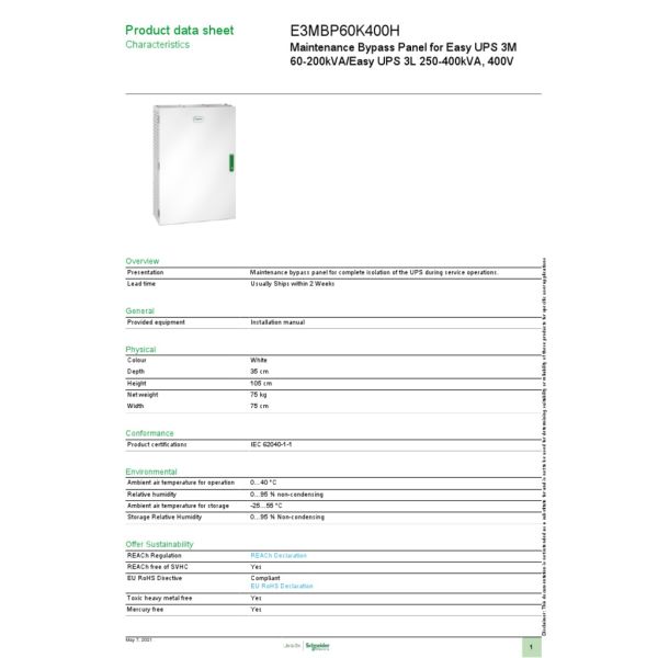 APC E3MBP60K400H Maintenance Bypass Panel (E3MBP60K400H)
