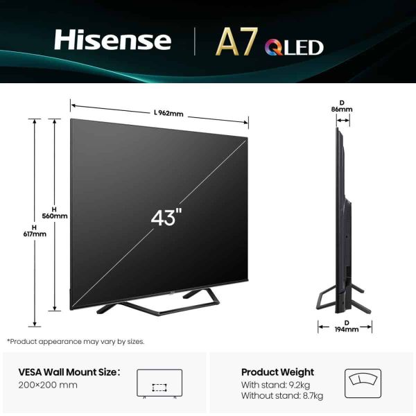 Hisense 43A7Q 109,2 cm (43") 4K Ultra HD Smart TV Wifi Zwart 275 cd/m² (20016297)