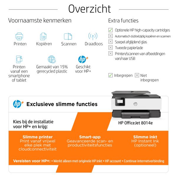 HP OfficeJet 8014e Draadloos All-in-One Kleur Printer, Instant Ink; Dubbelzijdig printen (228G0B#629)