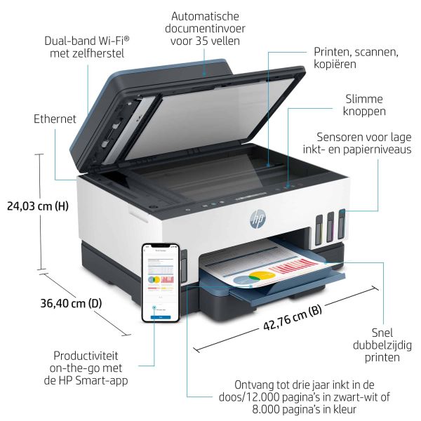 HP Smart Tank 7306 Draadloos All-in-One Kleur Printer, Dubbelzijdig printen; Kopieerapparaat, Scanner (28B76A#BHC)
