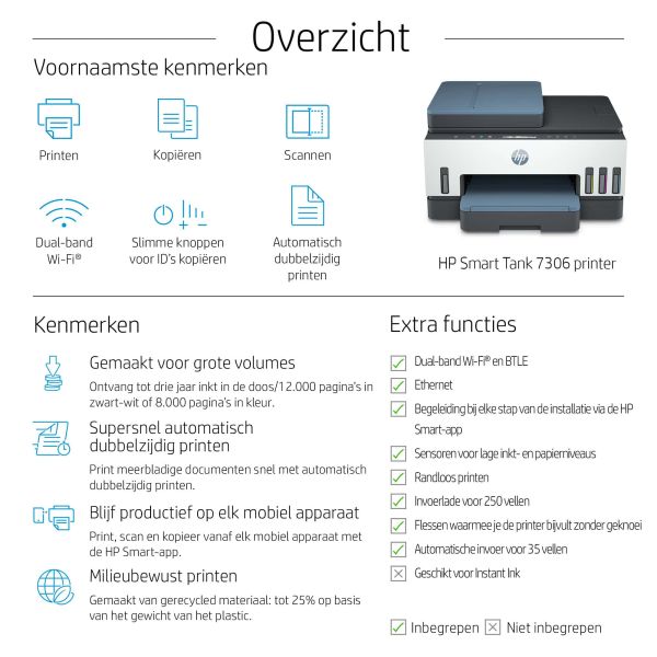 HP Smart Tank 7306 Draadloos All-in-One Kleur Printer, Dubbelzijdig printen; Kopieerapparaat, Scanner (28B76A#BHC)