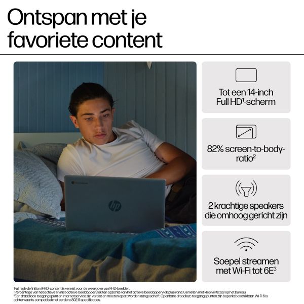 HP Chromebook 14a-nf0080nd Intel® N N200 35,6 cm (14") Full HD 8 GB LPDDR5-SDRAM 128 GB Flash Wi-Fi 6E (802.11ax) ChromeOS Zilver (A12M0EA#ABH)