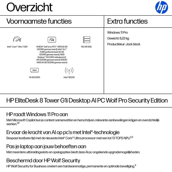 HP EliteDesk 8 G1i TWR U7-265 16/2 W11P Intel Core Ultra 7 16 GB DDR5-SDRAM 512 GB SSD Windows 11 Pro Tower PC AI PC Zwart (A55T9ET#ABH)