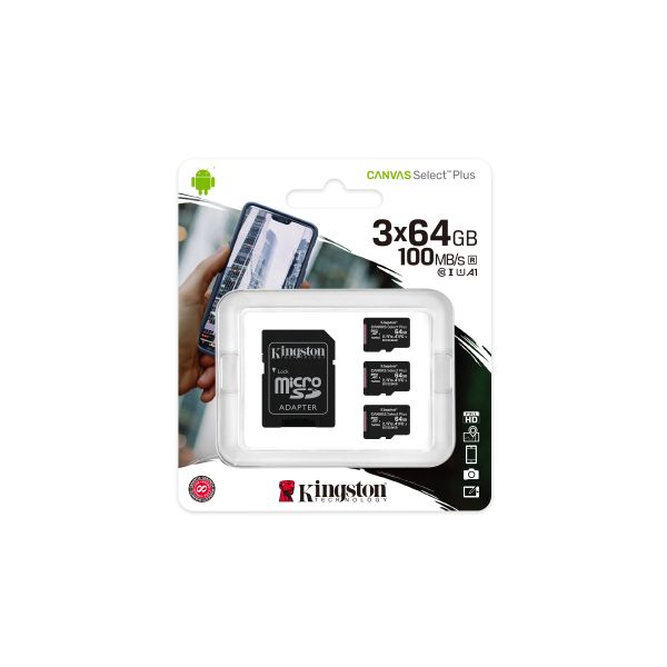 Kingston Technology 64GB micSDXC Canvas Select Plus 100R A1 C10 drievoudig pakket + enkele ADP