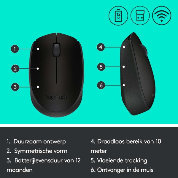 Logitech M171 Black-K muis Ambidextrous RF Draadloos Optisch 1000 DPI (910-004424)