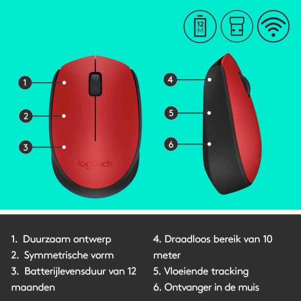 Logitech M171 Red-K muis Ambidextrous RF Draadloos Optisch 1000 DPI (910-004641)