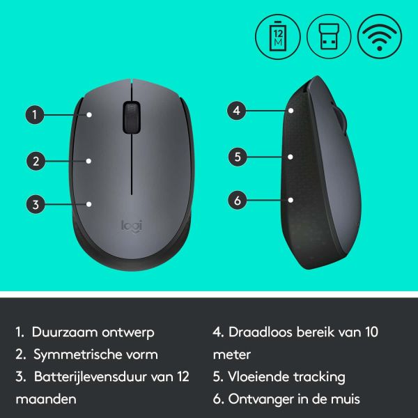 Logitech M170 Grey-K muis Ambidextrous RF Draadloos Optisch 1000 DPI (910-004642)