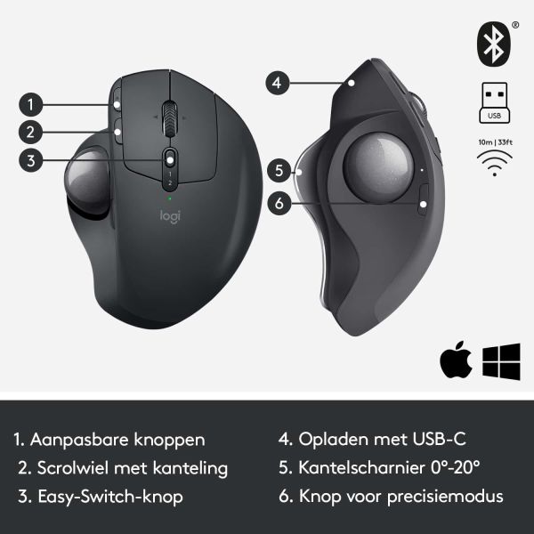 Logitech MX Ergo muis Rechtshandig RF-draadloos + Bluetooth Trackball 440 DPI (910-005179)