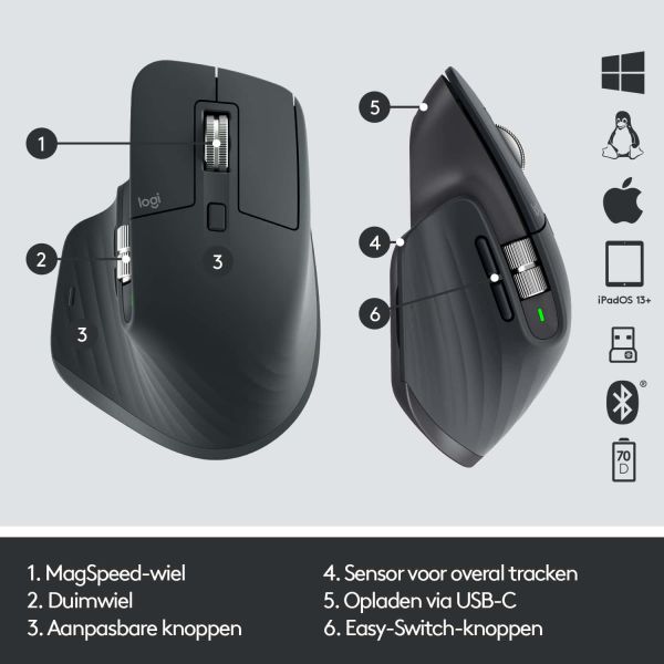 Logitech MX Master 3 muis Rechtshandig RF-draadloos + Bluetooth Laser 4000 DPI (910-005694)