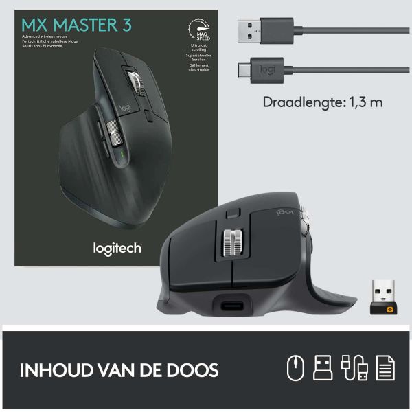 Logitech MX Master 3 muis Rechtshandig RF-draadloos + Bluetooth Laser 4000 DPI (910-005694)