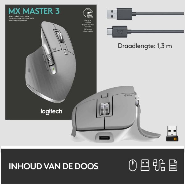 Logitech MX Master 3 muis Rechtshandig RF-draadloos + Bluetooth Laser 4000 DPI (910-005695)