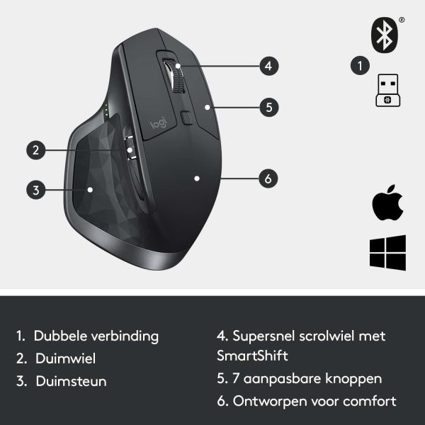 Logitech MX Master 2S Wireless Mouse muis Rechtshandig RF-draadloos + Bluetooth Laser 4000 DPI (910-005966)