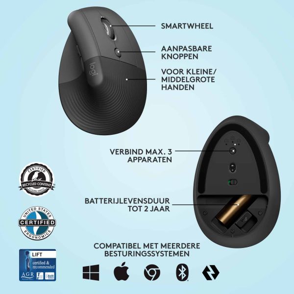 Logitech Lift muis Rechtshandig RF-draadloos + Bluetooth Optisch 4000 DPI (910-006473)