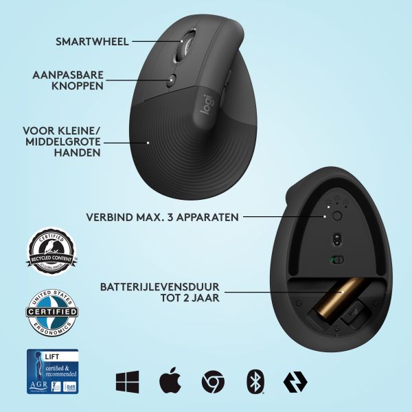 Logitech Lift muis Kantoor Linkshandig RF-draadloos + Bluetooth Optisch 4000 DPI (910-006474)