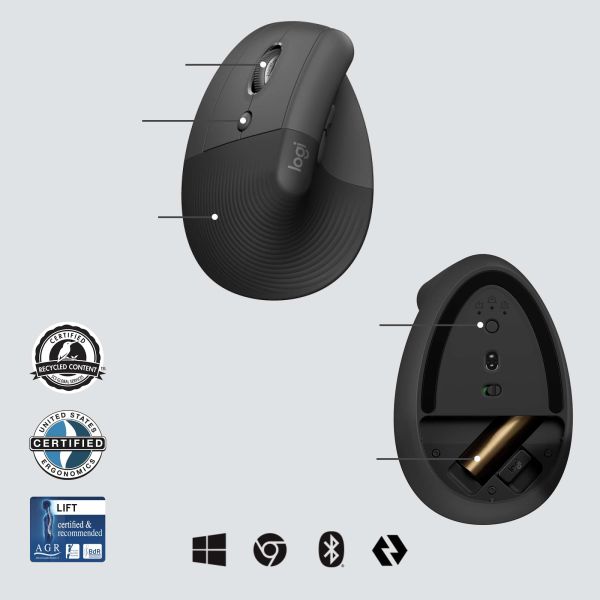 Logitech Lift for Business muis Linkshandig RF-draadloos + Bluetooth Optisch 4000 DPI (910-006495)