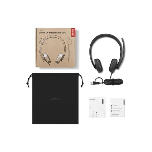 Lenovo VoIP Headset 5000 Bedraad Hoofdband Kantoor/callcenter USB Type-C Zwart (4XD1R88995)