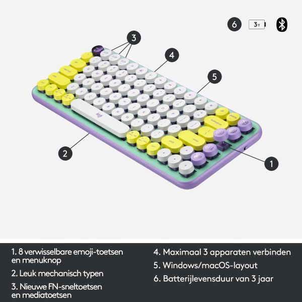 Logitech POP Keys Wireless Mechanical Keyboard With Emoji Keys toetsenbord Bluetooth QWERTY Engels Muntkleur (920-010736)