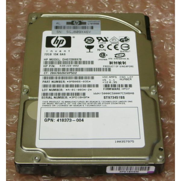 HP 72GB 15K SAS 2.5 Hot Plug Hard Drive (DH072BB978)