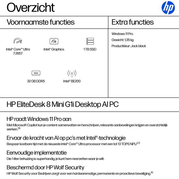 HP EliteDesk 8 Mini G1i U7265T32GB/1TBPC Intel Core Ultra 7 265T 32 GB DDR5-SDRAM 1 TB SSD Windows 11 Pro Mini PC AI PC Zwart (623H7ET#ABH)
