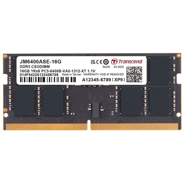 Transcend JM6400ASE-16G JetRAM SO-DIMM, 16GB, DDR5, 6400 Mhz, 1Rx8, 2Gx8, CL52, 1.1V (JM6400ASE-16G)