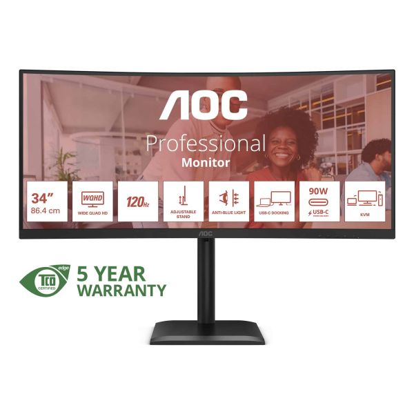 AOC E4 CU34E4CV computer monitor 86,4 cm (34") 3440 x 1440 Pixels UltraWide Quad HD LCD Zwart (CU34E4CV)