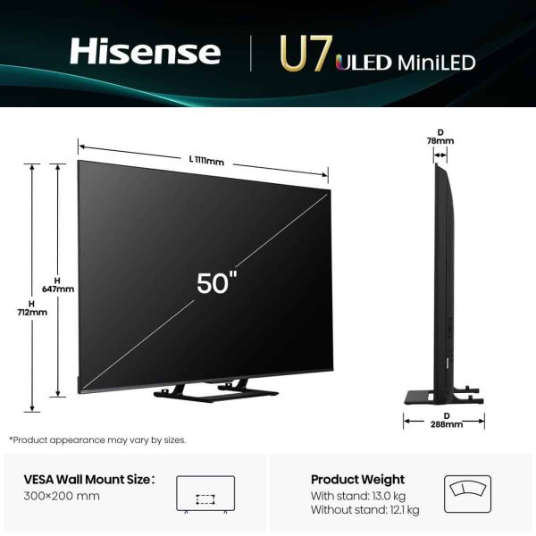 Hisense 50U7Q 127 cm (50") 4K Ultra HD Smart TV Wifi Zwart 450 cd/m² (20015613)