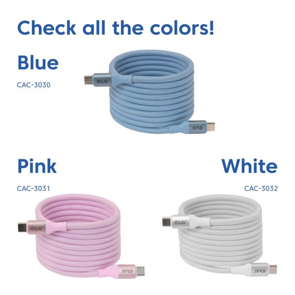 CLUB3D USB-C® Magnetic-Coil 240W PD3.1 Blue Cable 2m / 6.56ft Fast Charging (CAC-3030)