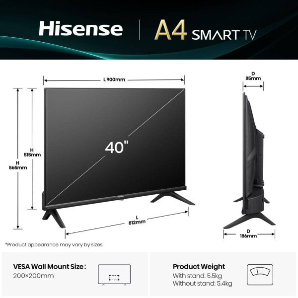 Hisense 40A4Q 101,6 cm (40") Full HD Smart TV Wifi Zwart 200 cd/m² (20016099)