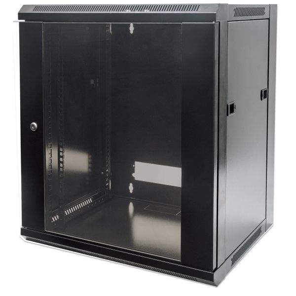 Intellinet 19" netwerkkast wand (standaard), 15U, 450 mm diep, zwart, bouwpakket, max. 60 kg, bruikbare diepte 260–350 mm, metalen & glazen deur, afneembare zijpanelen, montagemateriaal niet inbegrepen (711937)