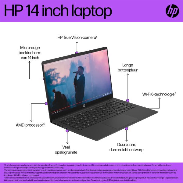 HP Laptop 14-em0065nd AMD Ryzen™ 5 7520U 35,6 cm (14") Full HD 16 GB DDR4-SDRAM 512 GB SSD Wi-Fi 6 (802.11ax) Windows 11 Home Zilver