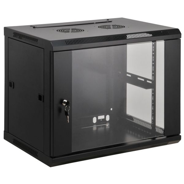 Intellinet 19" netwerkkast wandmontage (standaard), 9U, 450 mm diep, zwart, voorgemonteerd, max. 60 kg, bruikbare diepte 350 mm, metalen & glazen deur, afneembare zijpanelen, montagemateriaal niet inbegrepen (711814)