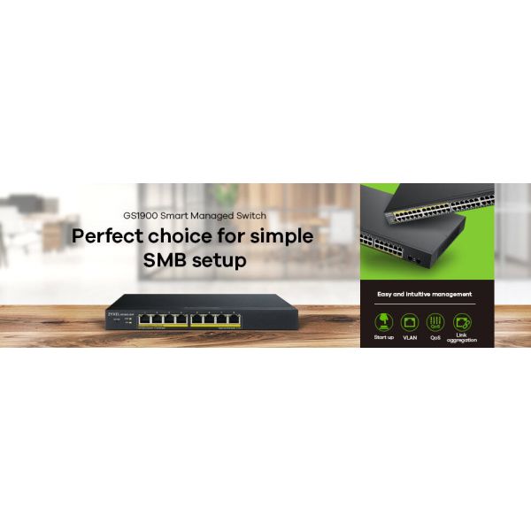 Zyxel GS1900-8HP Managed L2 Gigabit Ethernet (10/100/1000) Power over Ethernet (PoE) Zwart (GS1900-8HP-EU0102F)