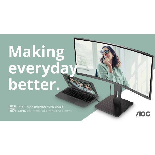 AOC CU34P3CV computer monitor 86,4 cm (34") 3440 x 1440 Pixels UltraWide Quad HD LED Zwart (CU34E4CW)