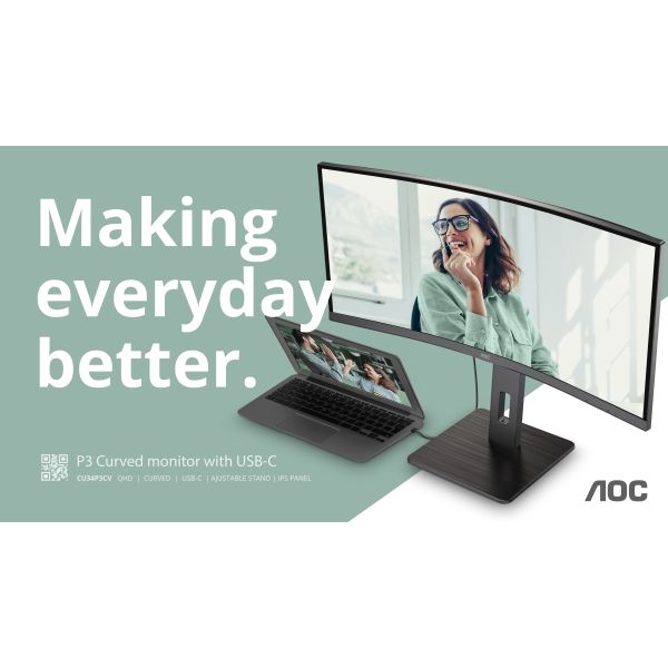 AOC CU34P3CV computer monitor 86,4 cm (34") 3440 x 1440 Pixels UltraWide Quad HD LED Zwart (CU34E4CW) AOC CU34P3CV computer monitor 86,4 cm (34") 3440 x 1440 Pixels UltraWide Quad HD LED Zwart (CU34E4CW)