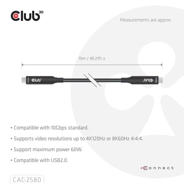 CLUB3D CAC-2580 Full-Feature USB-C® Cable 15m / 49.21ft 8K60Hz 10Gbps 60W (CAC-2580)