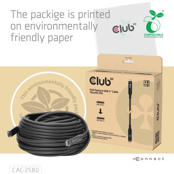 CLUB3D CAC-2580 Full-Feature USB-C® Cable 15m / 49.21ft 8K60Hz 10Gbps 60W (CAC-2580)