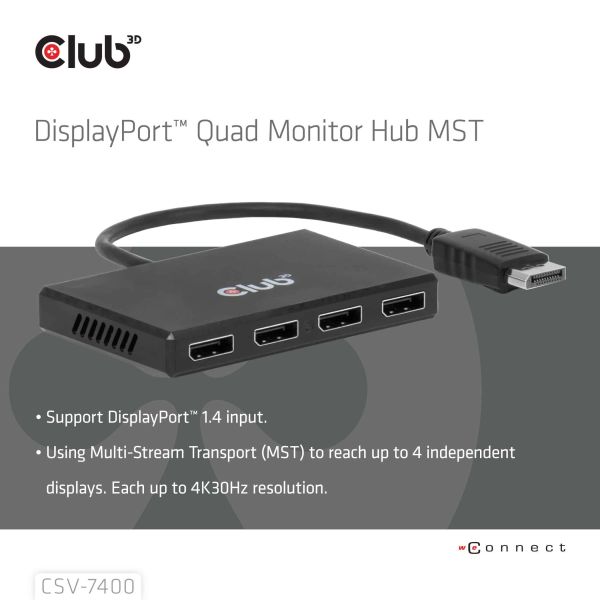 CLUB3D CSV-7400 DisplayPort™ Quad Monitor Hub MST 4x 4K30Hz (CSV-7400)
