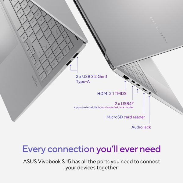 ASUS Vivobook S 15 S5507QA-MA006W Qualcomm Snapdragon X1E-78-100 Laptop 39,6 cm (15.6") 3K 16 GB LPDDR5x-SDRAM 1 TB SSD Wi-Fi 7 (802.11be) Windows 11 Home Nederlands Zilver (90NB14Q2-M002D0)