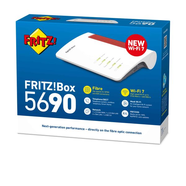 Box FRITZ! 5690 International draadloze router 2.5 Gigabit Ethernet Dual-band (2.4 GHz / 5 GHz) Rood, Wit (20003146)