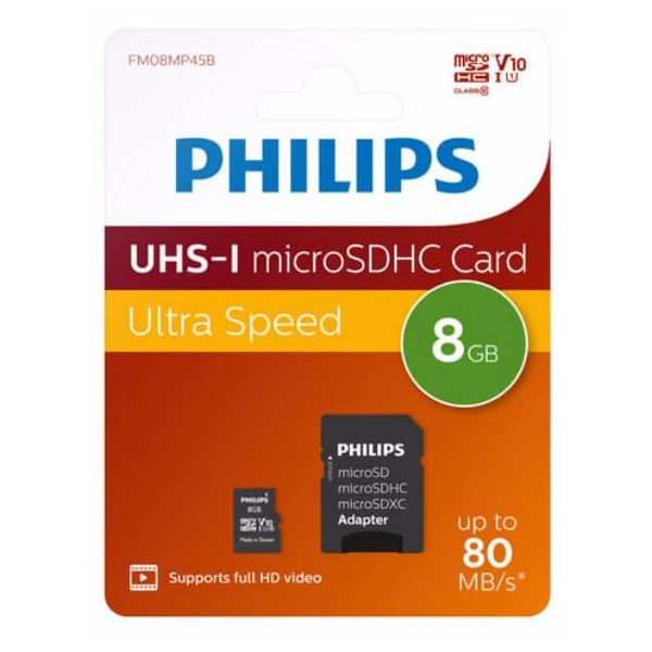 Philips FM08MP45B/00 flashgeheugen 8 GB MicroSDHC UHS-I Klasse 10 (FM08MP45B/00)  Philips FM08MP45B/00 flashgeheugen 8 GB MicroSDHC UHS-I Klasse 10 (FM08MP45B/00)