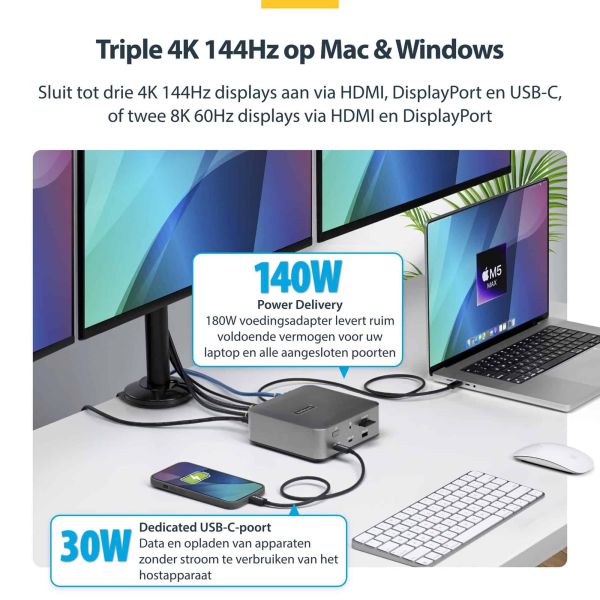 StarTech.com Thunderbolt 5 Universeel Docking Station, Multi-Display Hub, 8K 60Hz of 4K 144Hz, 120Gbps Bandwidth Boost, 140W PD, 30W Phone Charging, USB 10Gbps, 2.5G LAN (215UE-TB5USB4DOCK) n/a StarTech.com Thunderbolt 5 Universeel Docking Station, Multi-Display Hub, 8K 60Hz of 4K 144Hz, 120Gbps Bandwidth Boost, 140W PD, 30W Phone Charging, USB 10Gbps, 2.5G LAN (215UE-TB5USB4DOCK)