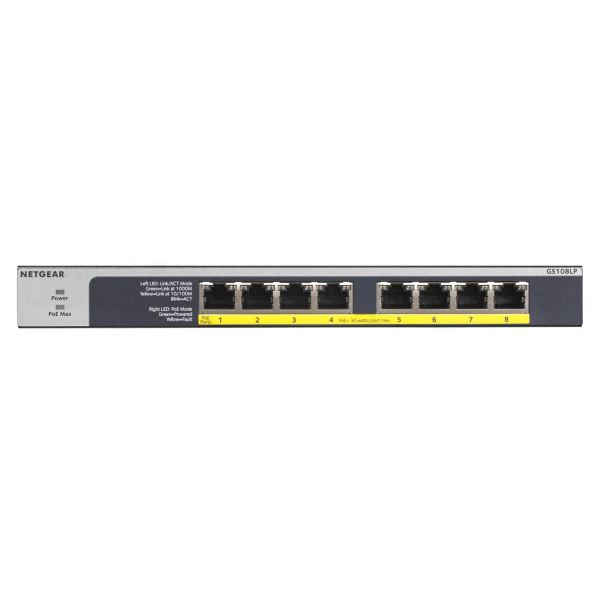 NETGEAR GS108LP Unmanaged Gigabit Ethernet (10/100/1000) Power over Ethernet (PoE) 1U Zwart, Grijs (GS108LP-100EUS)