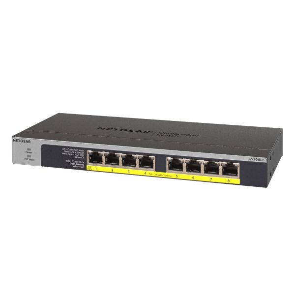 NETGEAR GS108LP Unmanaged Gigabit Ethernet (10/100/1000) Power over Ethernet (PoE) 1U Zwart, Grijs (GS108LP-100EUS)
