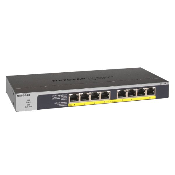 NETGEAR GS108LP Unmanaged Gigabit Ethernet (10/100/1000) Power over Ethernet (PoE) 1U Zwart, Grijs (GS108LP-100EUS)