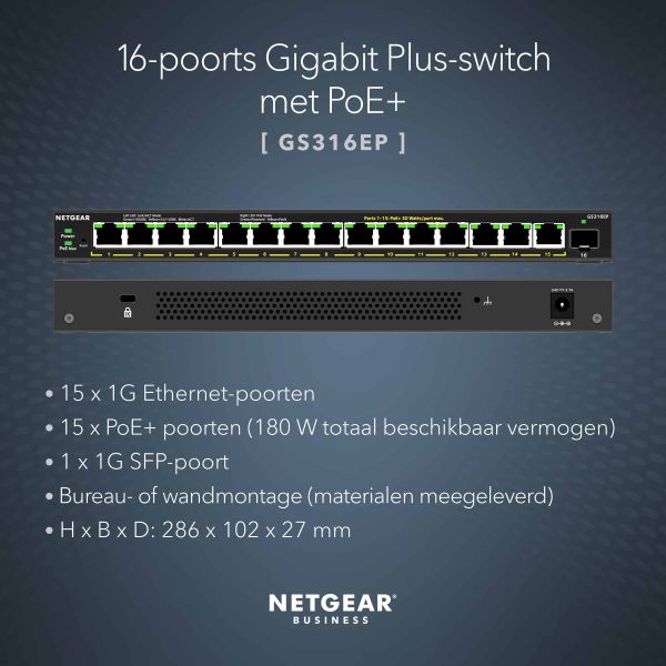 NETGEAR GS316EP-100PES netwerk-switch Managed Gigabit Ethernet (10/100/1000) Power over Ethernet (PoE) Zwart (GS316EP-100PES)