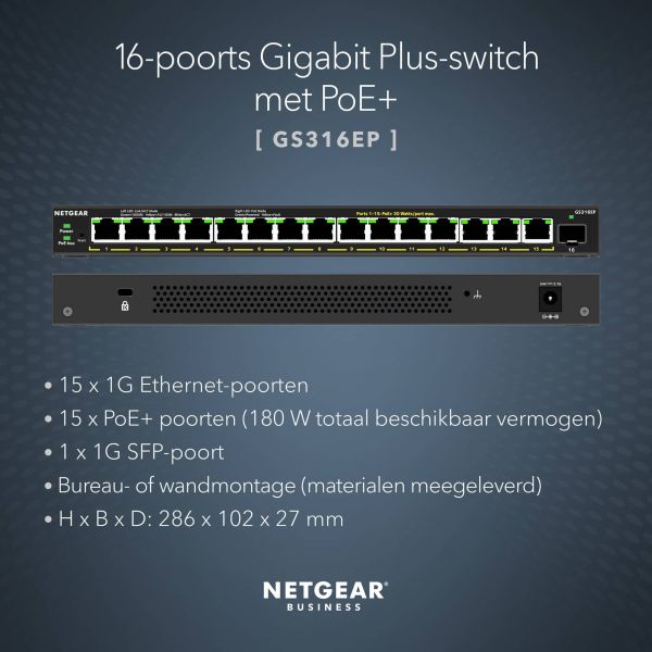 NETGEAR GS316EP Managed Gigabit Ethernet (10/100/1000) Power over Ethernet (PoE) Zwart (GS316EP-100PES) NETGEAR GS316EP Managed Gigabit Ethernet (10/100/1000) Power over Ethernet (PoE) Zwart (GS316EP-100PES)