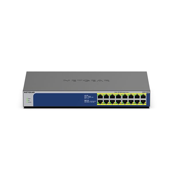 NETGEAR GS516PP Unmanaged Gigabit Ethernet (10/100/1000) Power over Ethernet (PoE) Blauw, Grijs (GS516PP-100EUS)