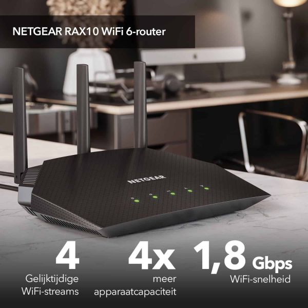 NETGEAR Nighthawk 4-Stream AX1800 WiFi 6 Router (RAX10) (RAX10-100EUS) NETGEAR Nighthawk 4-Stream AX1800 WiFi 6 Router (RAX10) (RAX10-100EUS)