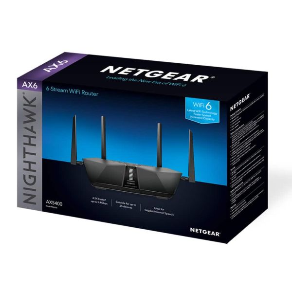 NETGEAR Nighthawk AX5400 draadloze router Gigabit Ethernet Dual-band (2.4 GHz / 5 GHz) Zwart (RAX50-100EUS) NETGEAR Nighthawk AX5400 draadloze router Gigabit Ethernet Dual-band (2.4 GHz / 5 GHz) Zwart (RAX50-100EUS)